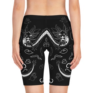 Chinese Dragon, Floral Print, black and white, goth, women&#39;s, bike cycling, cheeky booty shorts