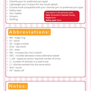 May include: A crochet pattern guide with a pink and white striped background. The guide lists supplies like chenille yarn, safety eyes, and a 5mm hook. Abbreviations and notes for the pattern are also included.
