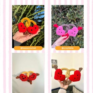 May include: A page with four crochet heart designs. Each heart design is red with a smiling face and a pretzel-like shape in the middle. The text "Tester appreciation:" is at the top.