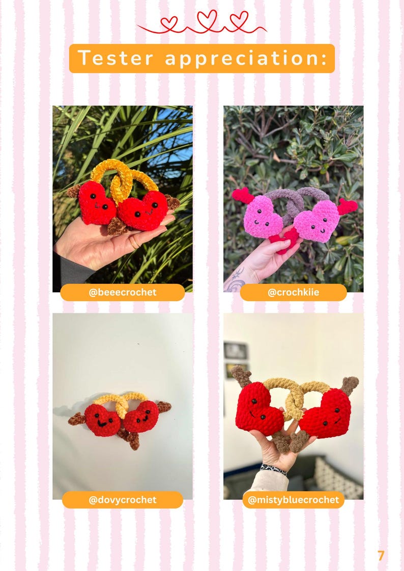 May include: A page with four crochet heart designs. Each heart design is red with a smiling face and a pretzel-like shape in the middle. The text "Tester appreciation:" is at the top.