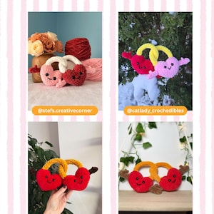 May include: A page with four images of crocheted heart-shaped items. The hearts are red, pink, and yellow, with smiling faces. The text "Tester appreciation:" is at the top of the page.