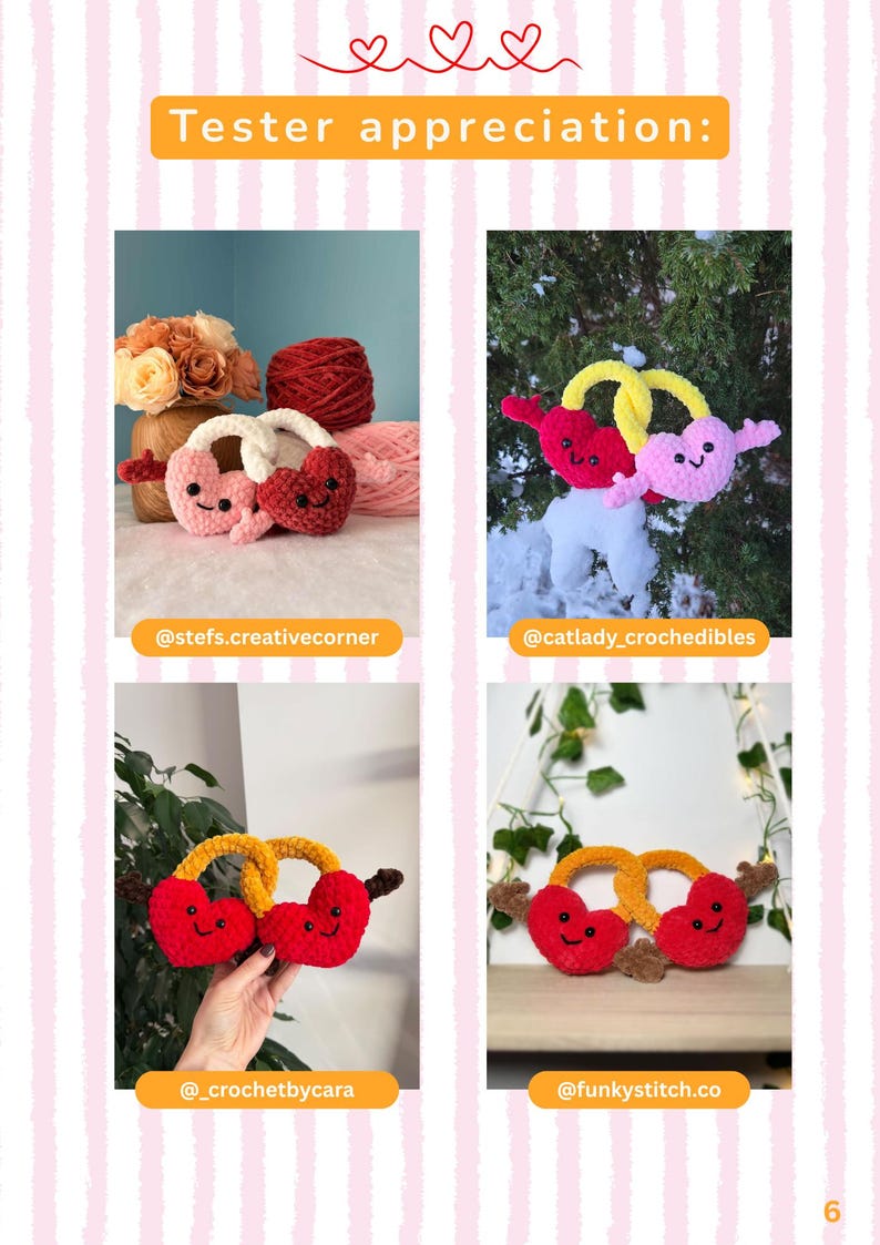 May include: A page with four images of crocheted heart-shaped items. The hearts are red, pink, and yellow, with smiling faces. The text "Tester appreciation:" is at the top of the page.