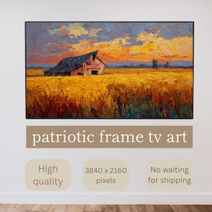 Può includere: Dipinto paesaggistico incorniciato di un fienile con una bandiera americana, ambientato in un campo di grano dorato sotto un cielo al tramonto. L'opera è intitolata "patriotic frame tv art".