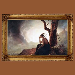 May include: A framed painting shows a woman in a dark dress, seated on a rocky outcrop, with a tree to her right. A stormy sky with lightning and a bright light source are in the background. The frame is ornate and gold-coloured.