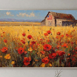 Peut inclure: Peinture à l'huile de style impressionniste représentant une ferme avec un drapeau américain et un champ de coquelicots rouges. L'œuvre utilise une palette de couleurs chaudes, avec des jaunes, des rouges et des bleus. Le tableau est encadré.