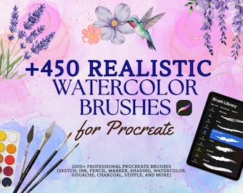 Procreate watercolor spots stamps. +450 watercolor bundle. Procreate watercolor texture brushes. Realistic watercolor Procreate brushes