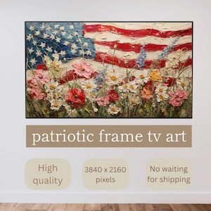 Könnte beinhalten: Gerahmtes Kunstwerk mit einer strukturierten amerikanischen Flagge mit roten und weißen Streifen und blauen Sternen. Bunte Wildblumen, darunter Mohnblumen und Gänseblümchen, sind im Vordergrund. Der Text "patriotic frame tv art" befindet sich darunter.