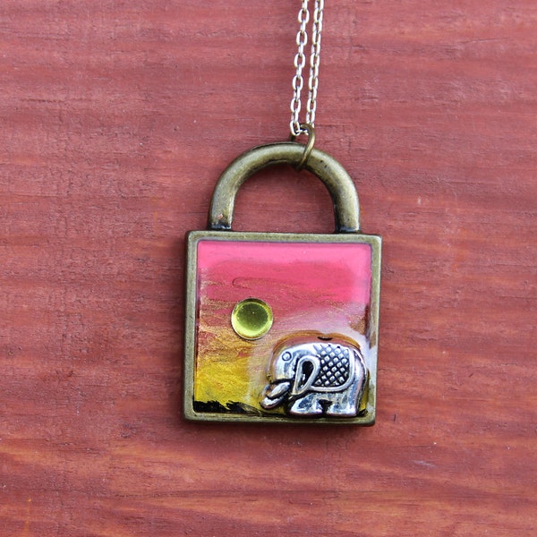 Savannah  Sunset Elephant Lock Epoxy Pendant