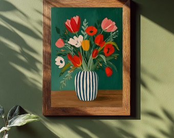 Tulip Bouquet in Striped Vase Print, Modern Floral Wall Art, Colourful Botanical Still Life – Mid Century Home Decor, digital download print