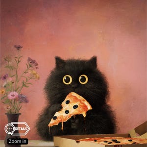 Puede incluir: Una ilustraci&oacute;n caprichosa de un gato negro y esponjoso con grandes ojos amarillos, devorando una porci&oacute;n de pizza. La porci&oacute;n de pizza tiene queso derretido y aceitunas negras. Una caja de pizza est&aacute; abierta en el fondo, y un jarr&oacute;n de flores est&aacute; a la izquierda.