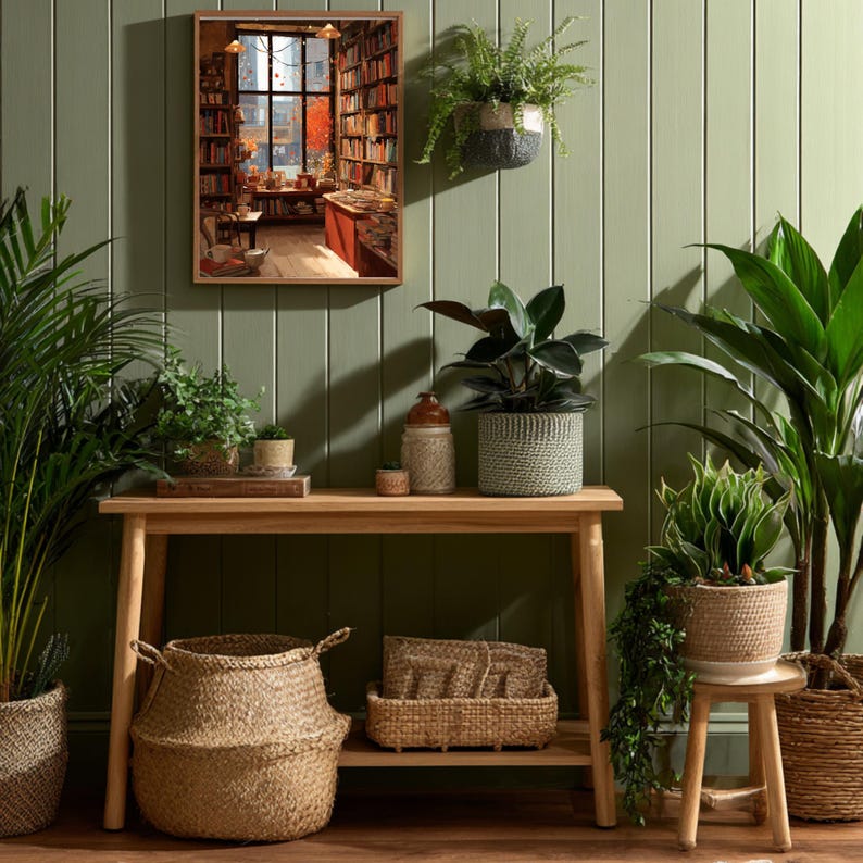 A framed illustration of a bookstore with autumn trees outside, hanging on a light green paneled wall above a wooden console table with plants.
