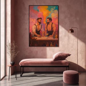 Gay Bar Wall Art – Colourful Queer Art Print with Rainbow Smoke – Oil Painting Style Bearded Men – LGBTQ+ Home Decor Gift, Gift for him