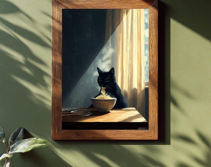 Black Cat Eating Ramen Print – Cozy Kitchen Illustration, Funny Cat Print, Moody Warm Lighting Artwork, Noodle Lover Gift, Cute Poster,