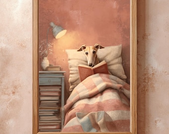 Dog Reading Art, Whippet Print with Pink Bedroom Decor