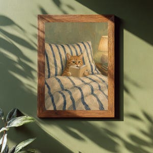 Stampa di un gatto che legge, un gatto soriano rosso a letto con un libro e una luce solare soffusa.