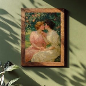 Victorian Romantic Lovers Art Print | Lesbian Kiss Painting | Queer Love Fine Art | Romantic Wall Decor