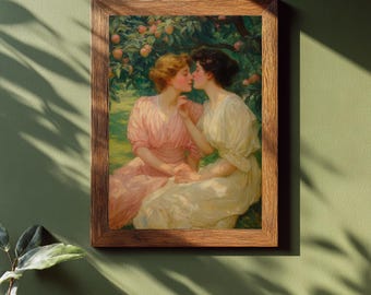 Victorian Romantic Lovers Art Print | Lesbian Kiss Painting | Queer Love Fine Art | Romantic Wall Decor