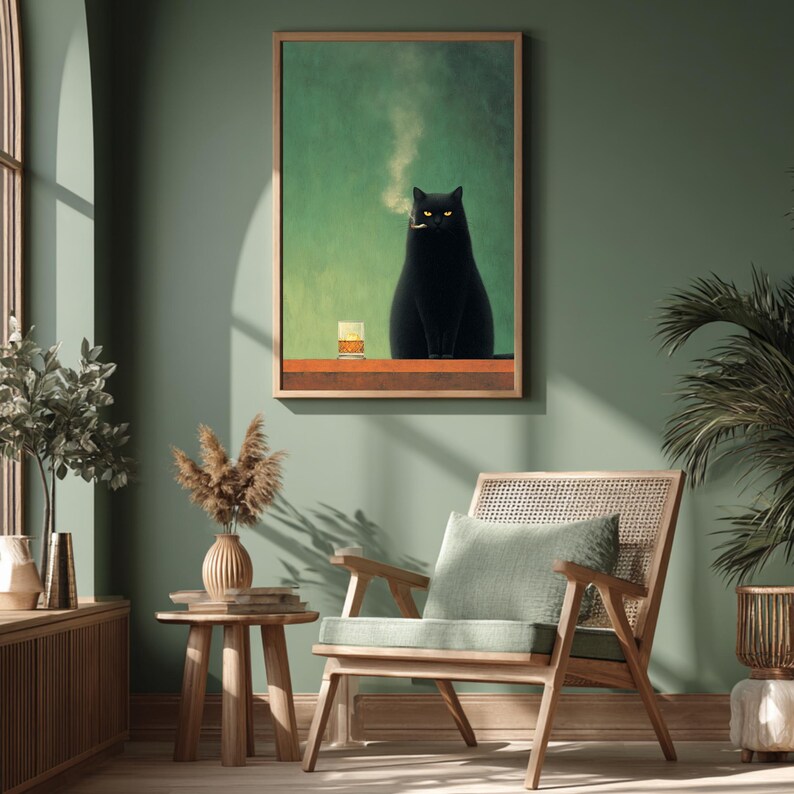 Moody Black Cat Wall Art – Dark Humour Cat Print With Whiskey Glass ...