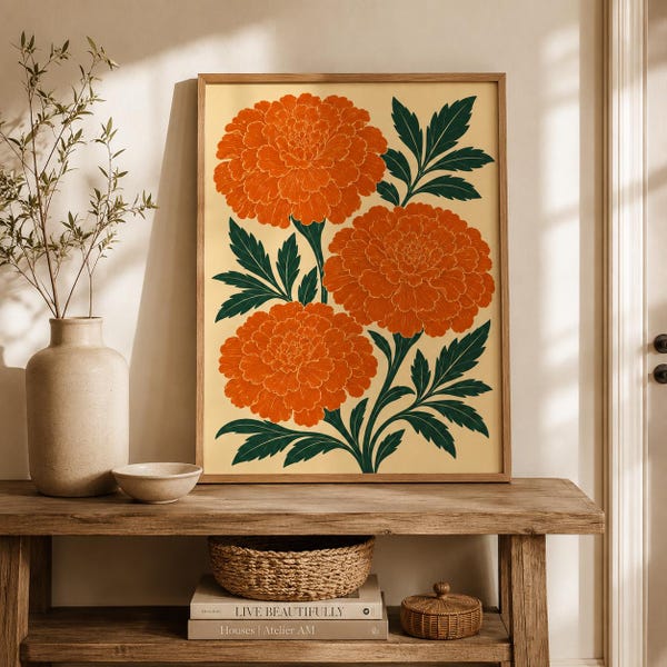 Wandbild mit Ringelblumen, Blumendruck in gebranntem Orange, botanisches Retro-Poster, Vintage-Blumendeko, florale Kunst der Mitte des 20. Jahrhunderts, Wanddeko mit orangefarbenen Blumen