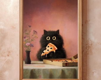 Black Cat Eating Pizza Wall Art – Whimsical Funny Cat Print, Pink Background Vintage Style Illustration for Kitchen & Dining Room, Digital