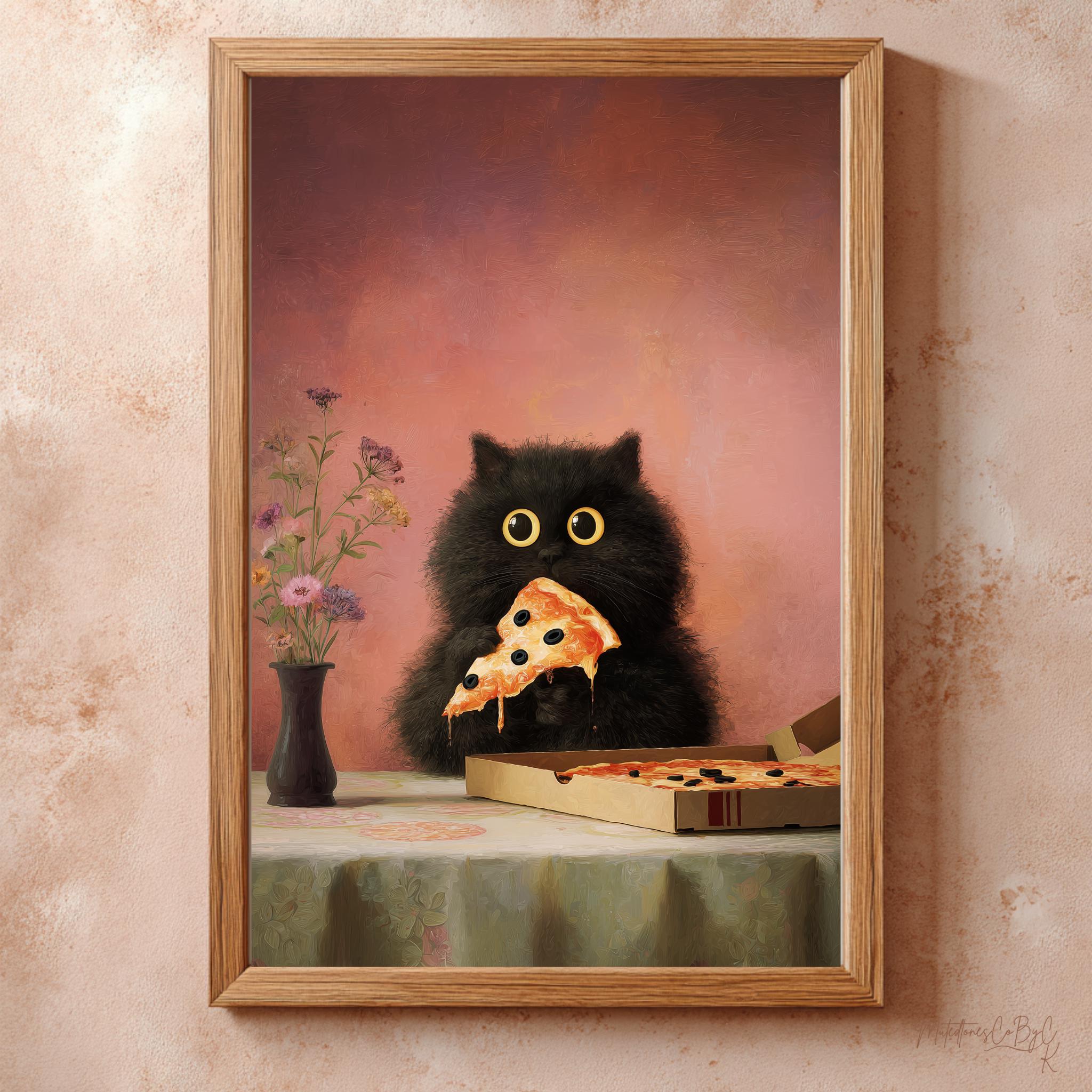 Black Cat Eating Pizza Wall Art – Whimsical Funny Cat Print, Pink