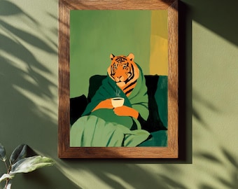 Smaragdgroene tijger Art Print gezellige moderne dierenillustratie | Groen en oranje esthetische muurdecoratie | Coffee Lover Tijger Poster Woonkamer