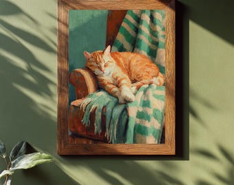 Stampa artistica da parete con gatto addormentato, accogliente stile minimalista, dipinto a olio, decorazione per soggiorno, coperta a righe verde caldo, regalo per gli amanti dei gatti
