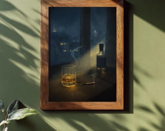 Whiskey Art Print, Bar Cart Decor, Man Cave Wall Art, Dark Academia Painting, Moody Night Scene, Cigarette Poster, Gift for Writer Film Noir