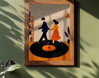 Lámina artística de amante de la música, póster de disco, retrato de pareja sin rostro caminando juntos, decoración retro para sala de estar, estética indie, regalo de San Valentín