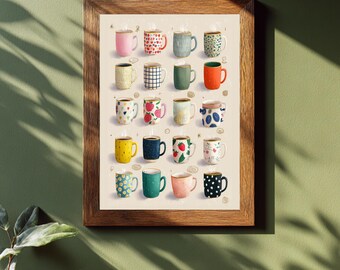 May include: A framed print featuring a collection of colorful, patterned coffee mugs. Each mug has a unique design, including floral, geometric, and polka dot patterns. The mugs are arranged in rows and columns, with steam rising from each one.