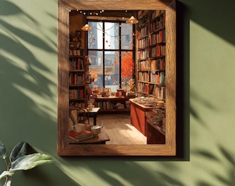 Book Lover Art: Cozy Autumn Bookstore Wall Art for Reading Nook Decor