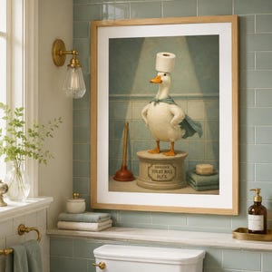 Arte divertida para banheiro: estampa de pato com papel higiênico de emergência e decoração peculiar.