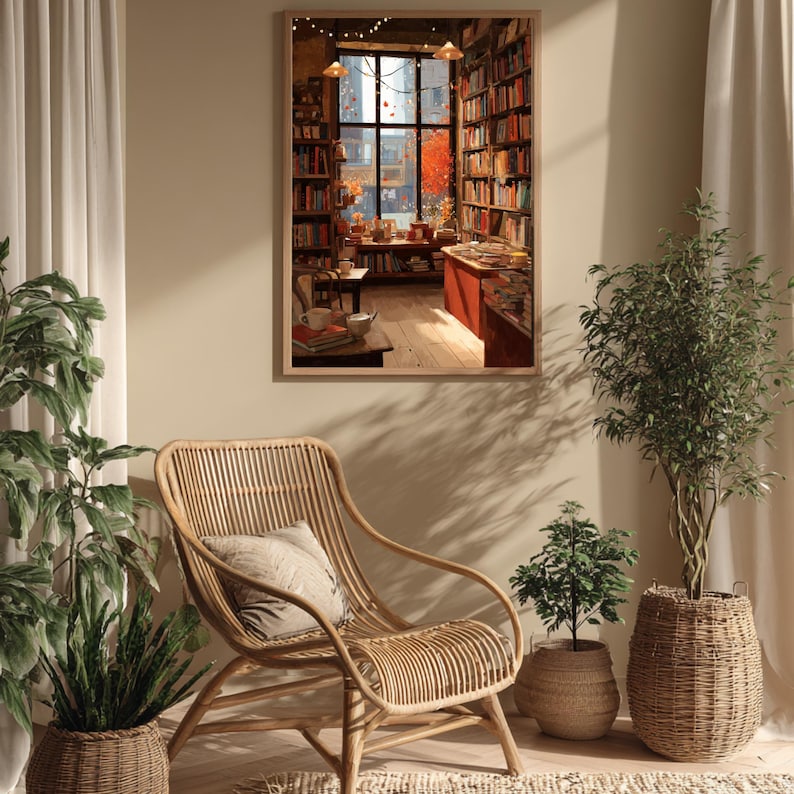 A framed illustration of a bookstore with autumn trees outside, hanging on a light beige wall next to a wicker chair and potted plants.