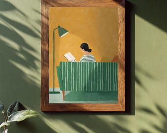 Woman Reading Wall Art Print | Emerald Striped Sofa Illustration | Modern Minimalist Female Art | Book Lover Poster | Reading Room Decor |