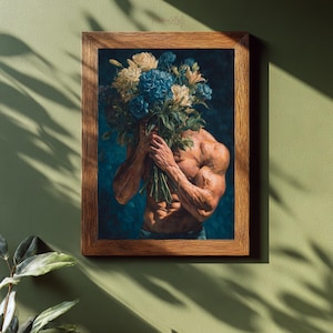 Lámina de arte mural con flores azules: Hombre musculoso con flores, pintura al óleo, obra figurativa de alto contraste, decoración moderna y atrevida para galerías.