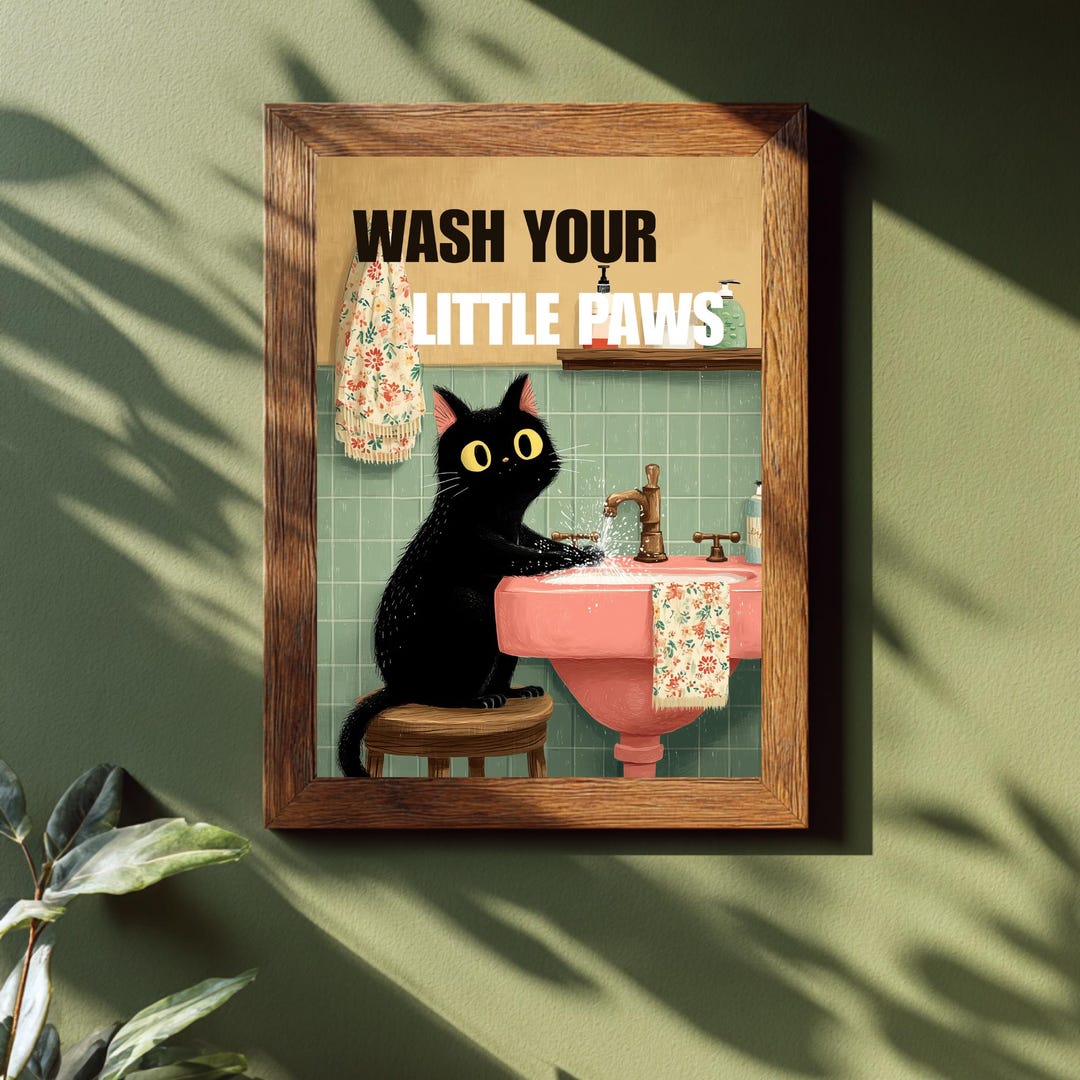 Wash Your Paws Cat Poster – Funny Bathroom Print, Black Cat Wall Art ...