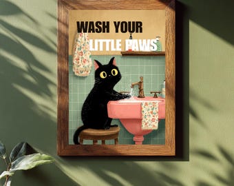 Wash Your Paws Cat Poster – Funny Bathroom Print, Black Cat Wall Art, Retro Bathroom Decor, Toilet Wall Decor, Cat Lover Gift, Digital art