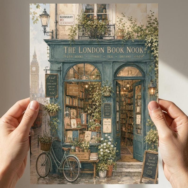 Two hands hold a print of a watercolor illustration of a blue-green storefront with "THE LONDON BOOK NOOK" above the door, a bicycle parked outside, and Big Ben in the background.