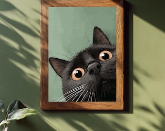 Black Cat Art Print, Funny Peeking Cat Poster, Big Eyes Animal Painting, Quirky Wall Decor, Bathroom Humor Art, Cat Lover Gift, digital art