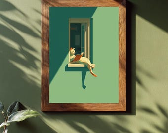 Minimalist Cat Reading Wall Art – Sunny Illustration Modern Aesthetic Print, Cozy Book Lover Decor, Bold Warm Sunlight Poster, inst Download