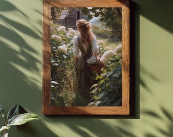 Woman in Garden with Hydrangeas Wall Art – Romantic Countryside Oil Painting – Vintage Cottagecore Floral Print – Farmhouse Decor Print