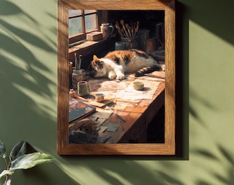 Sleeping Cat in Studio Print – Cozy Oil Painting Style Tabby Cat Wall Art, Fine Art Cat Poster, Pet Lover Gift, Warm Sunlight Home Decor