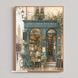 A close-up of a watercolor illustration of "The London Book Nook" shows a teal storefront with books, plants, a bicycle, and signs, with Big Ben in the background.