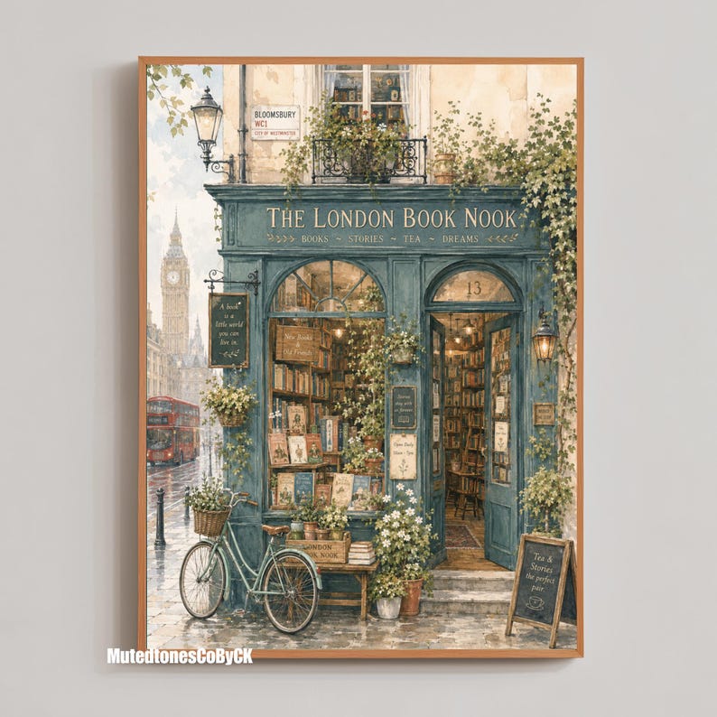 A close-up of a watercolor illustration of "The London Book Nook" shows a teal storefront with books, plants, a bicycle, and signs, with Big Ben in the background.