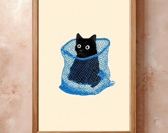 真面目な青い猫、ミニマリストの動物アートプリント、カラフルな