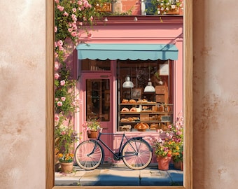 Romantic Bakery Wall Art Print | Pink Paris Watercolour Painting | Spring Floral Café Decor | France Street Illustration, Home Wall art
