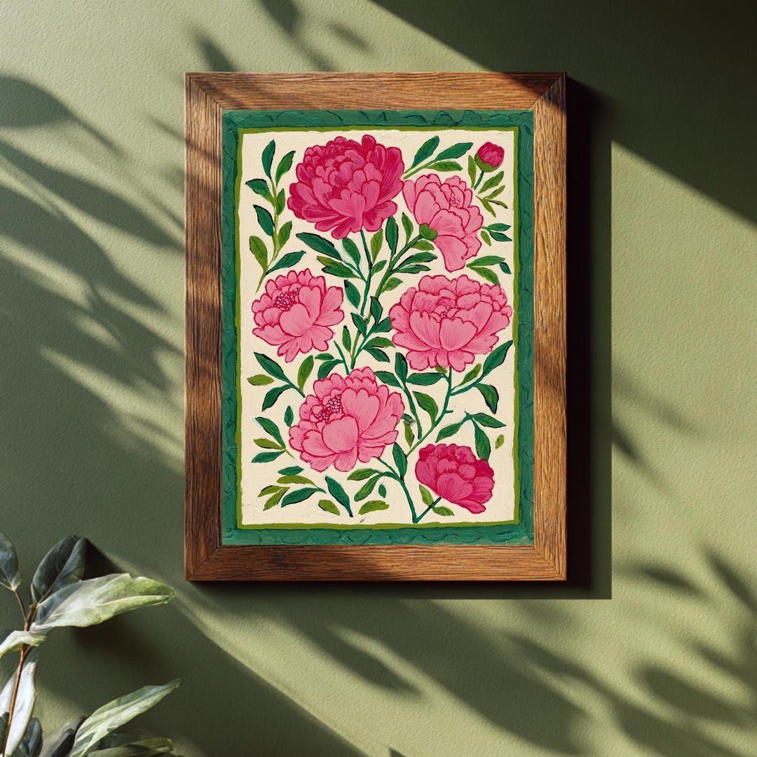 Pink Peony Art Print, Botanical Floral Painting, Vibrant Folk Art Wall ...