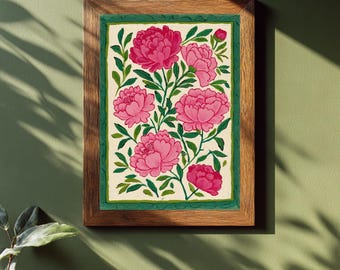 Konsttryck med rosa pion, botanisk blommålning, livfull väggdekoration med folkkonst, retro blomillustration, eklektisk köksaffisch, presentidé