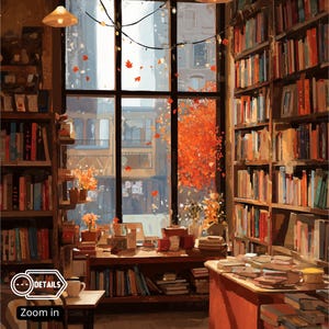 A close-up of an illustration showing the interior of a bookstore with a large window, autumn trees outside, and shelves filled with books.