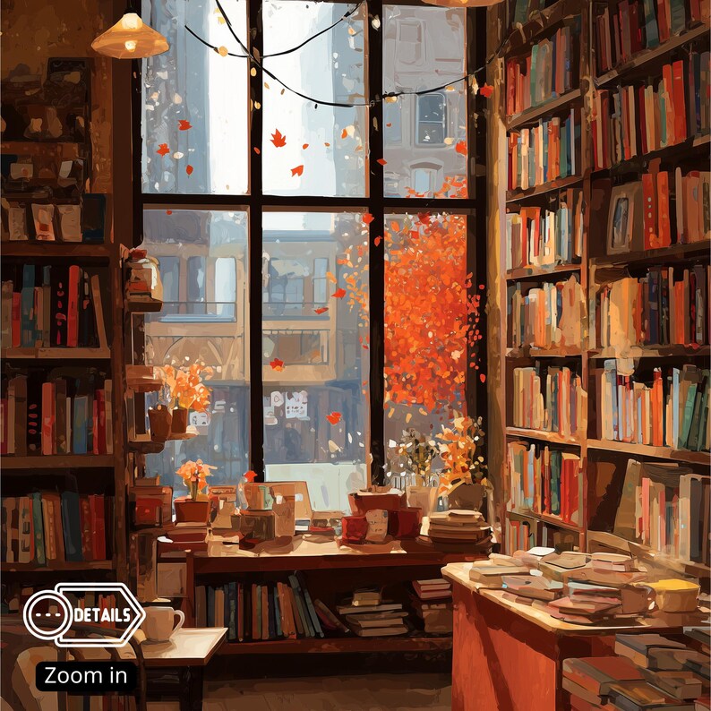 A close-up of an illustration showing the interior of a bookstore with a large window, autumn trees outside, and shelves filled with books.